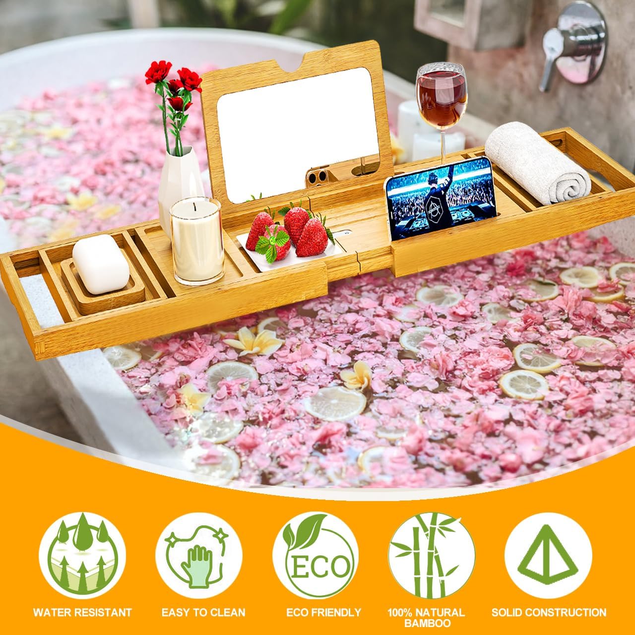 Premium Bathtub Tray Caddy with Makeup Mirror Bamboo - Bath Tray Expandable- Unique House Warming Gifts, New Home, Anniversary & Wedding Gifts for Couple, Bridal Shower Gift for Wome