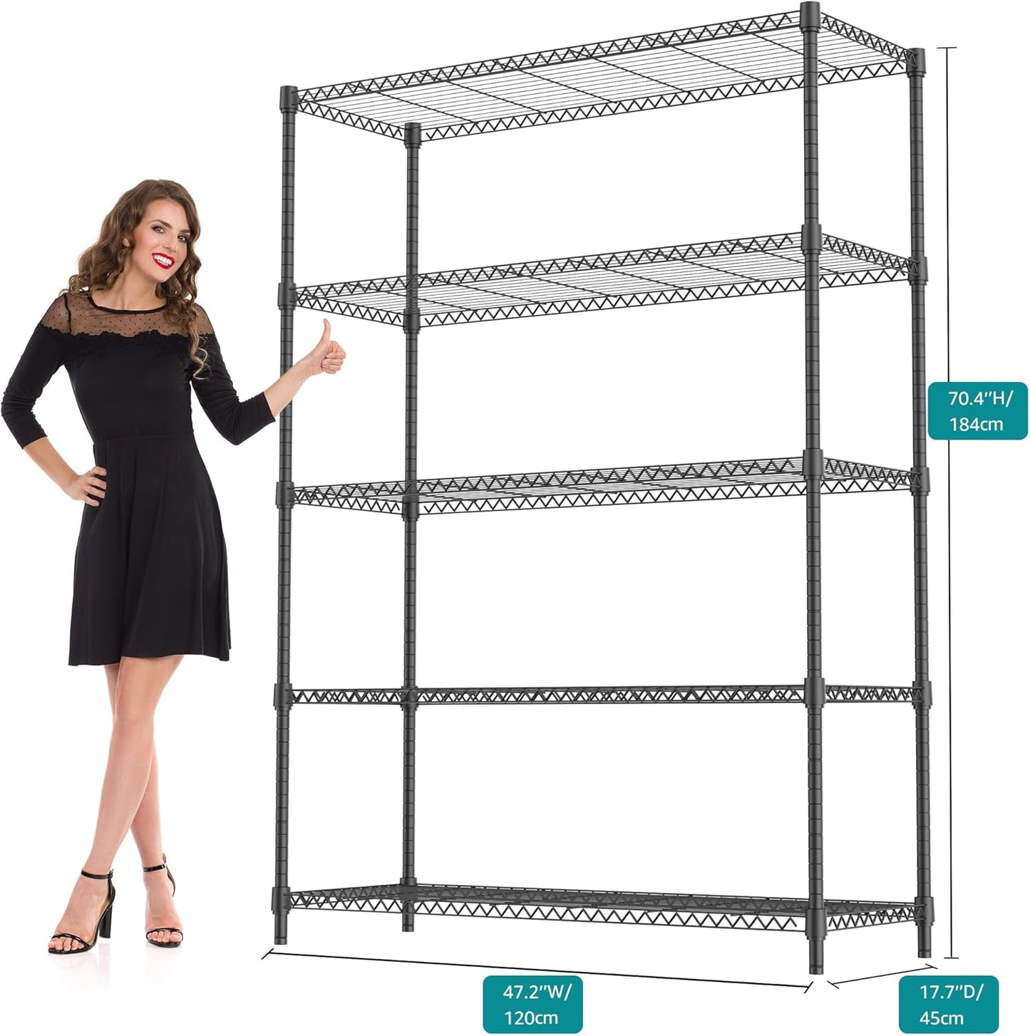 5 Tiers Shelf 1750 lbs Steel Storage Shelving Utility Shelving Unit Steel Organizer Wire Rack for Home,Kitchen,Office,Garage Black 17.7" D x 47.2" W x 76.8" H