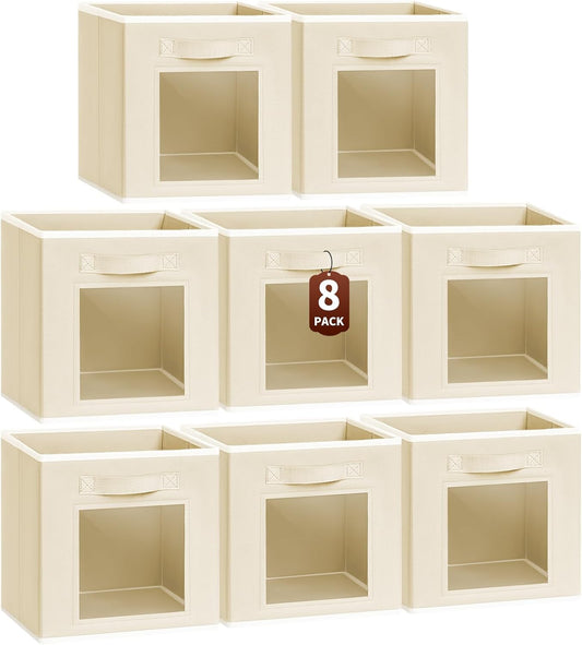 Foldable Storage Cubes - Cubby Storage Organizer with Window, Decorative Baskets for Organizing, Fabric Bins for Clothes Storage, Closet Storage Cubes-11inch, Set of 8, Beige