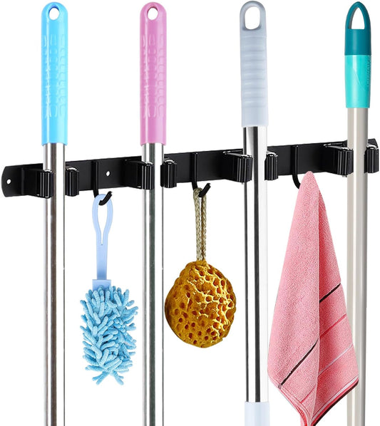 Huryfox Mop and Broom Holder Wall Mounted - Sturdy Stainless Steel Rack with Utility Hooks, 4 Racks, 3 Hooks Adjustable Design and Multiple Storage Organiser Options, Perfect for Kitchen, Laundry