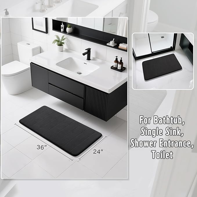 Yimobra Large Bath Mat 36"x24", Super Soft Quick Dry Memory Foam Bathroom Rug, Water Absorbent, Non Slip Backing Machine Washable for Tub Shower, Thick Comfort Support, Black