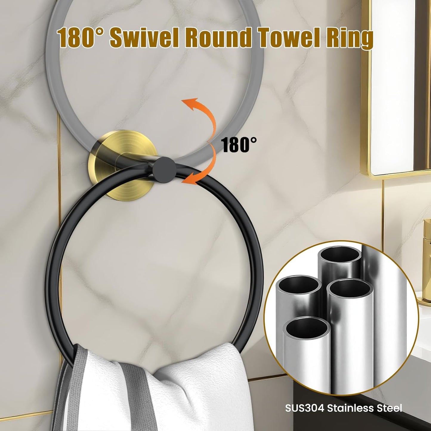 5 Pcs SUS304 Stainless Steel Bathroom Accessories Set, 24" Towel Bar, Round Towel Ring, Toilet Paper Holder, 2 Towel Hooks, Minimalist Design for All Styles Bathrooms (Black+Gold)