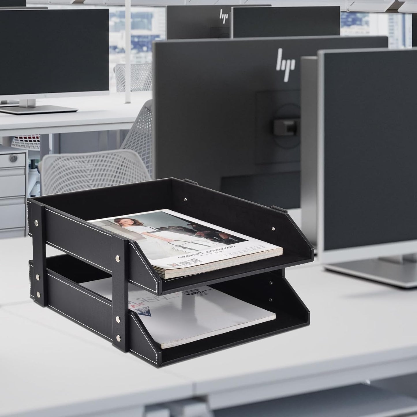 Leather Desk Organizer,2-Tier Stackable Letter Tray Holder,Office Supplies Desktop Storage Box for Document,Stationery,Magazines,Newspapers,Letters and Other Home Office Paper Sundries,Black