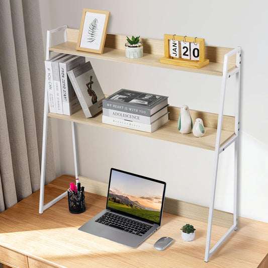 2-Tier Desktop Bookshelf & Hutch - Fits Over Large Monitors - Modern Desk Organizer with Metal Frame - Vertical Storage for Small Desks, Home Office, Dorm, Makeup Vanity (Blonde Wood/White)