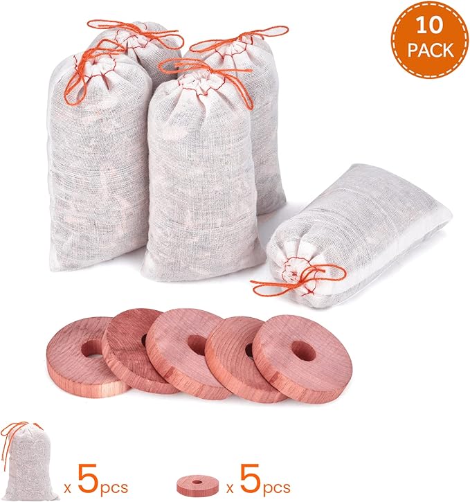 Homode Cedar Blocks for Clothes Storage, Scent Sachets for Drawers and Closets, Aromatic Cedar Wood Chips Shavings Bags, Cedarwood Hanger Rings, Pack of 10