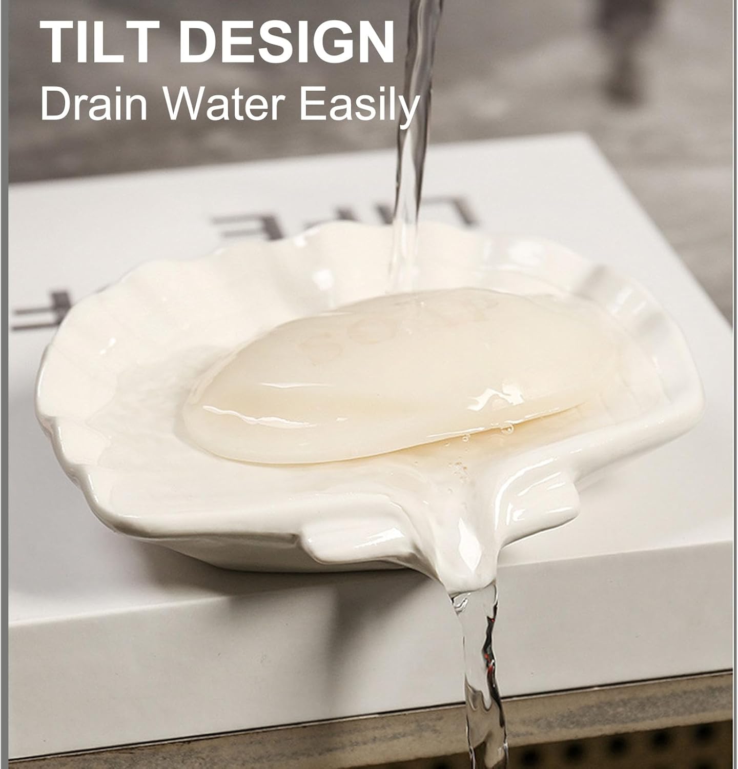 Ceramic Soap Holder, Sea-Shell Soap Tray with Self Draining, Soap Tray for Sink Washroom Bathroom Shower, Small Cute and Elegant Holder with Glaze, Easy Cleaning (White)