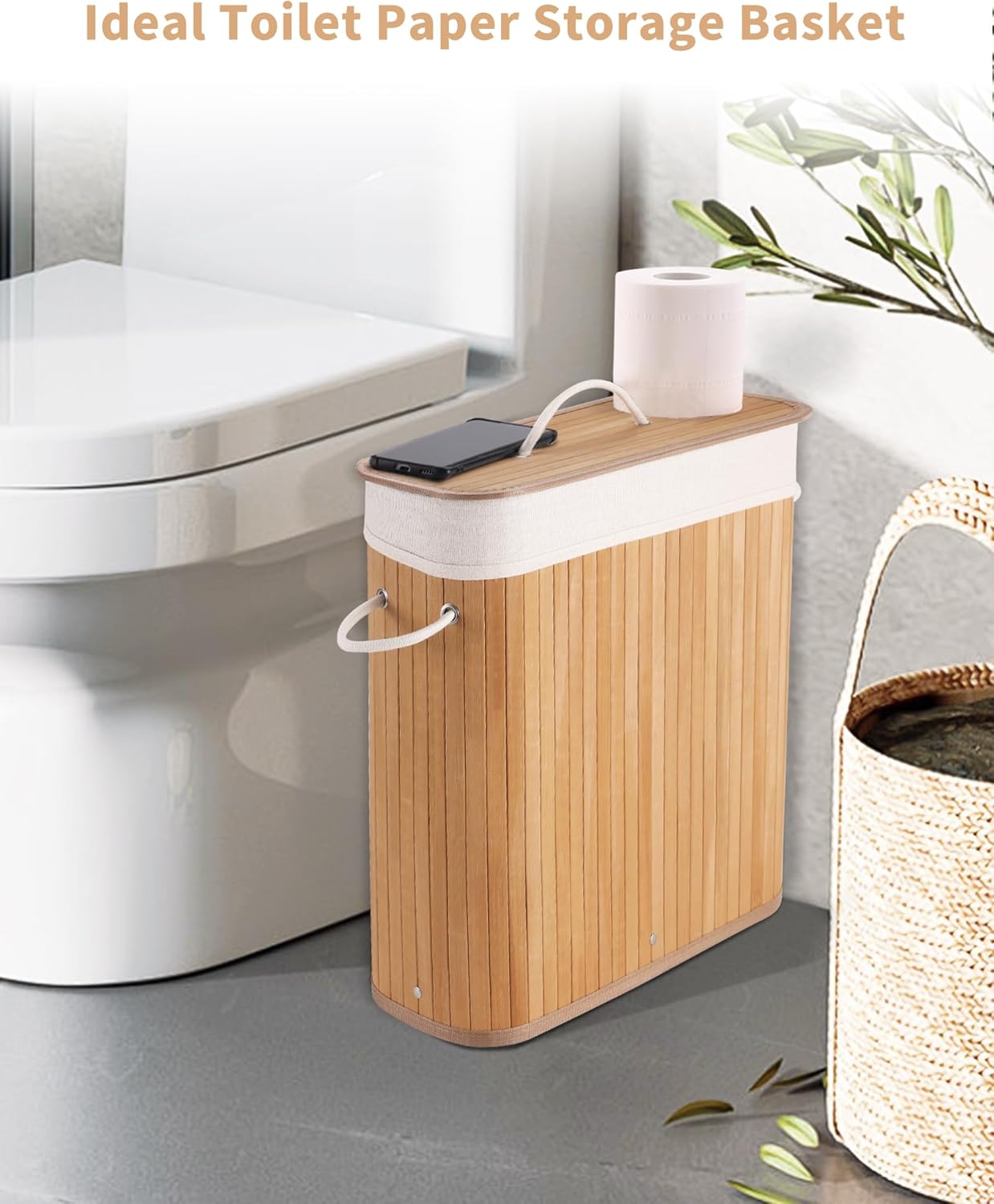 Bamboo Toilet Paper Storage with Lid & Handel, 8 Gallons (30L), Sturdy Toilet Paper Basket, Organizer for Bathroom, Kitchen, Holder with Storage, Natural