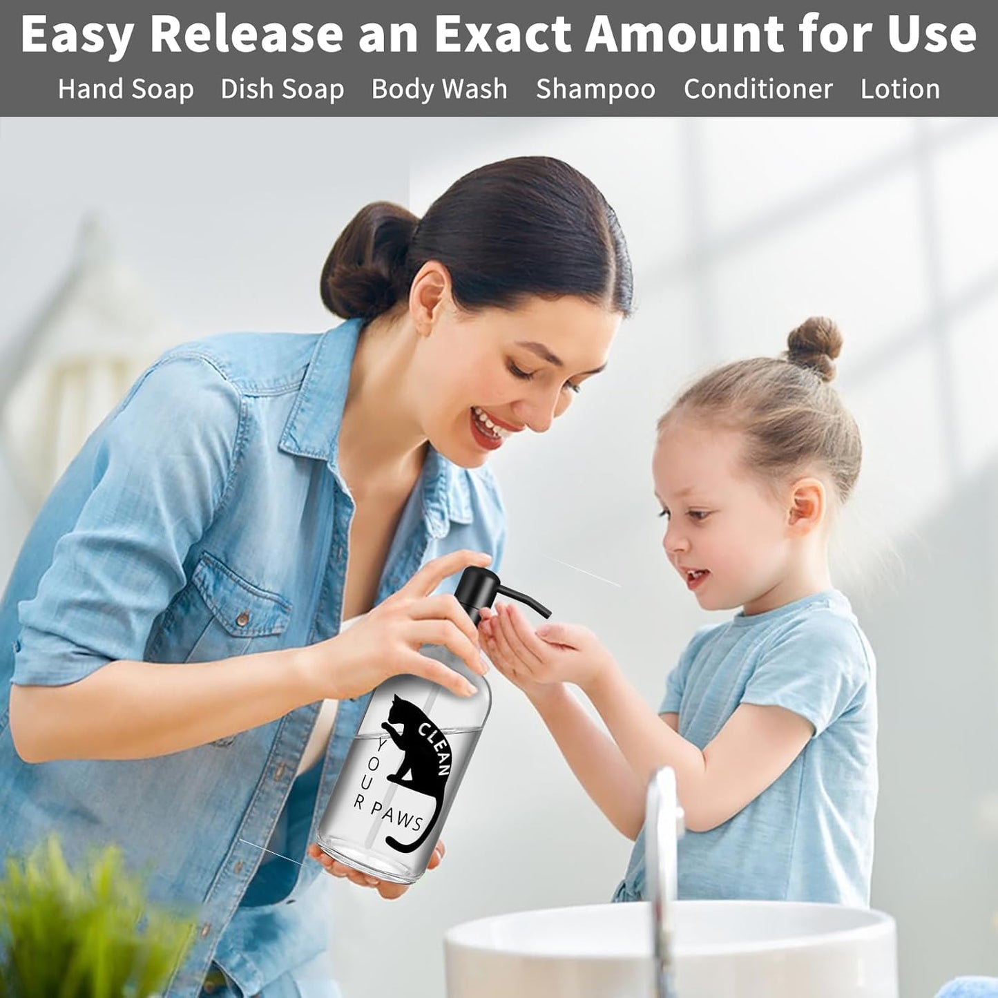 Black Cat Soap Dispenser 17 oz Clear Glass Hand Soap Bottle with 304 Stainless Steel Pump for Bathroom or Kitchen Countertop Cat Lover Gift Idea