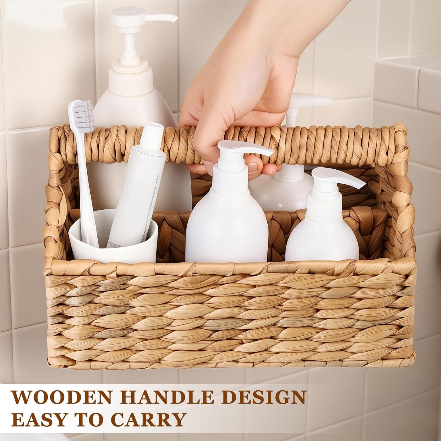 Portable Shower Caddy with Handle Rattan Woven Cleaning Caddy Organizer Water Hyacinth Shower Basket for Bathroom Kitchen Bedroom Storage, Dorm Room Essentials