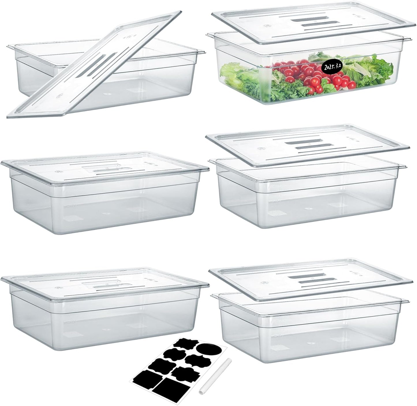 6 Pack NSF Food Pans with Lids, Full Size 6'' Deep Commercial Food Storage Containers, Polycarbonate, Clear