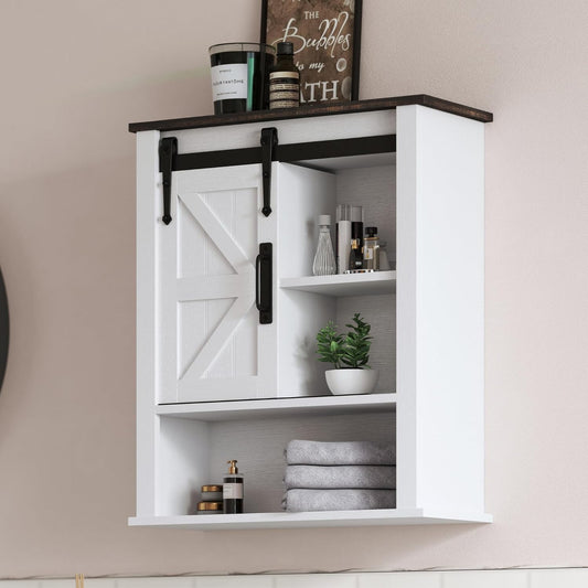 28" Wall Cabinet, Wooden Medicine Cabinet Adjustable Shelves, Over Toilet Storage Cabinet with Sliding Barn Door for Bathroom/Kitchen/Laundry, Black with White