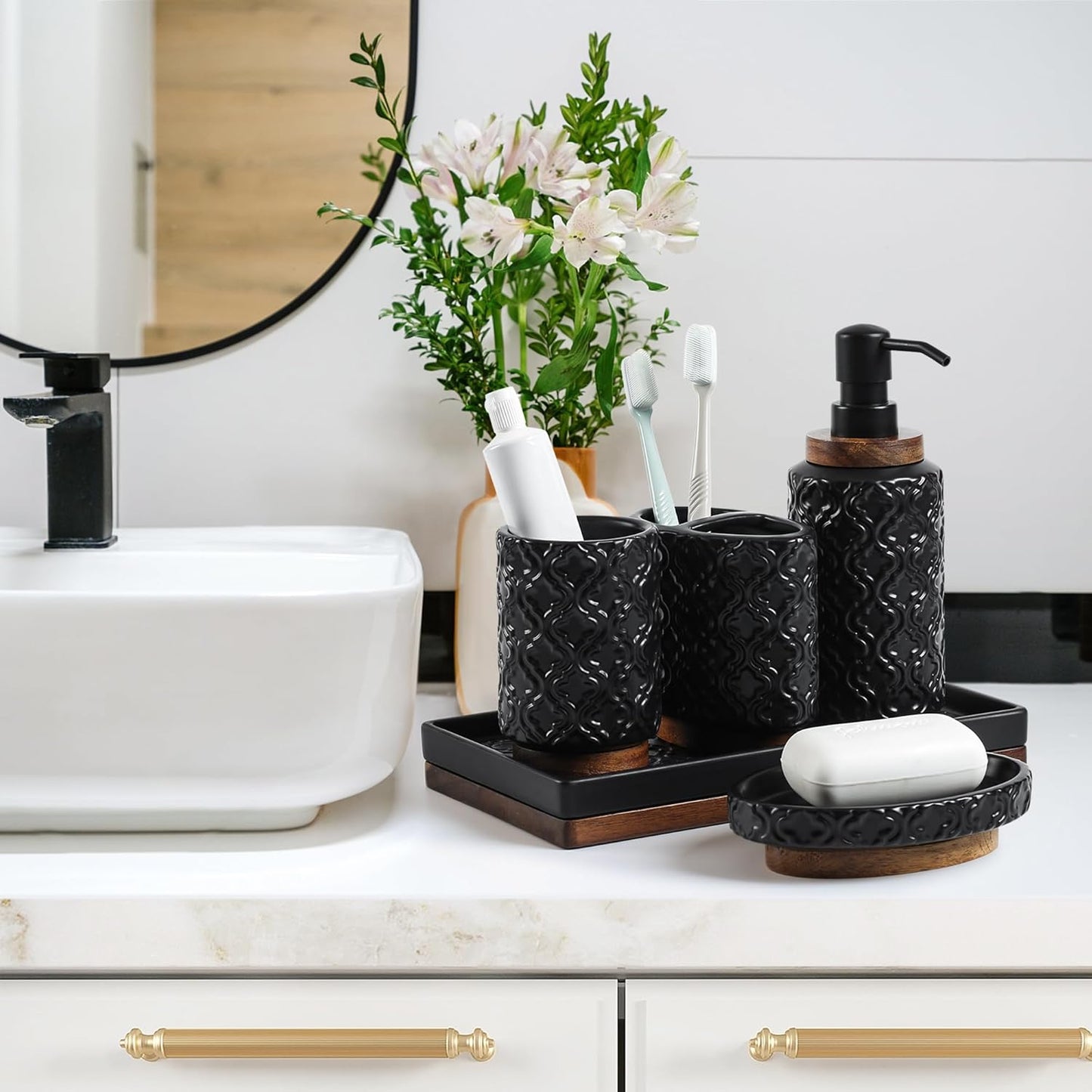 Bathroom Accessories Set 6 Pcs Toothbrush Holder Soap Dispenser Ceramic and Wood Bathroom Set with Trash Can Soap Dispenser Toothbrush Holder Tray Tumbler Soap Dish Black
