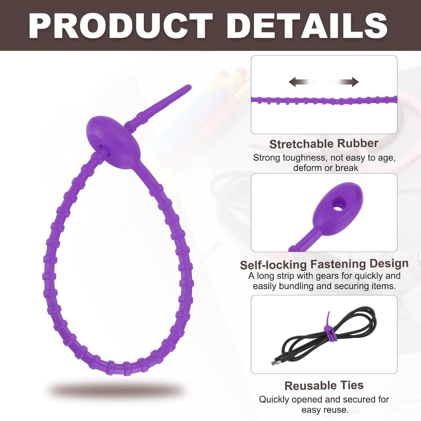 uxcell 20 Pcs Silicone Ties Bag Clip, 8.5 Inch Multi Purpose Silicone Zip Ties Reusable Rubber Zip Tie, Cable Strap Cord Organizer for Home Office Food Bag Wires Cables, Purple