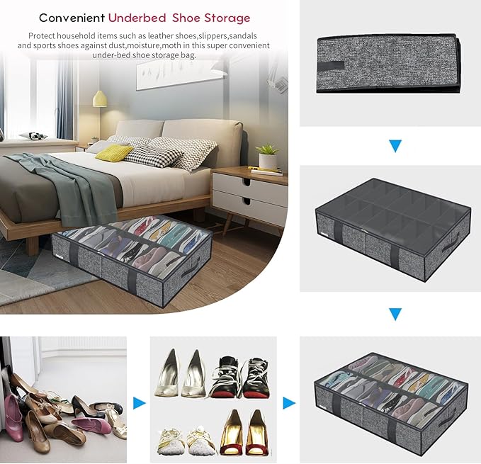 Large Under Bed Boots Shoes Storage Organizer Set of 2 (14+4 Pairs), Durable Closet Foldable Fabric Shoe Container Box with Clear Window, 33.9x 23.6x5.9inch, Light Grey, ZMGCUBS14S4