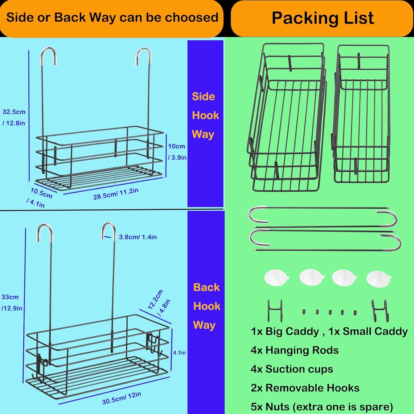 2pcs Single-Layer Shower Caddy Hanging Shower Orangizer Stainless Steel Shower Rack with Hooks Over The Door, Shampoo Basket Storage (Black)