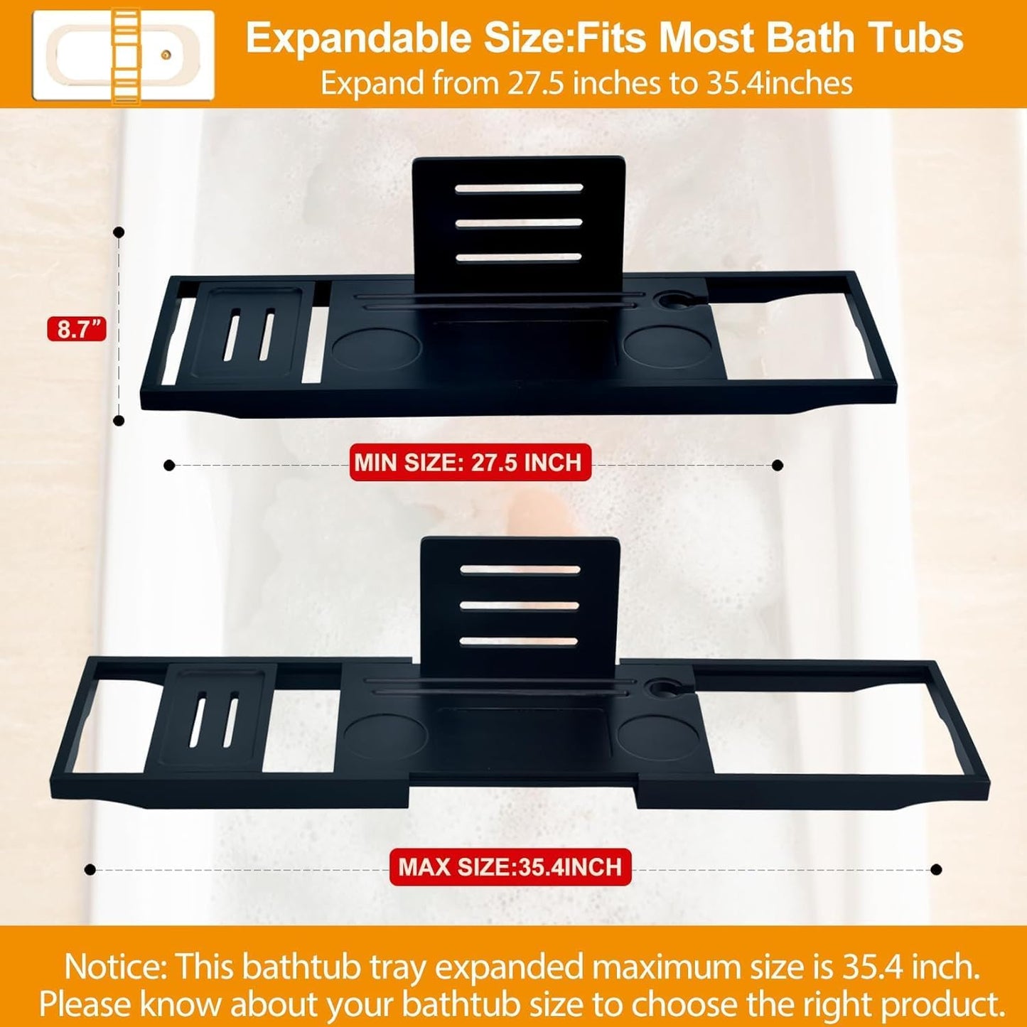Premium Bathtub Caddy Tray - Bath Tray - Bath Tub Tray Table for Bathtub - Bath Caddy Tray for Bathtub, Expandable Size, Fits Most Bath Tubs