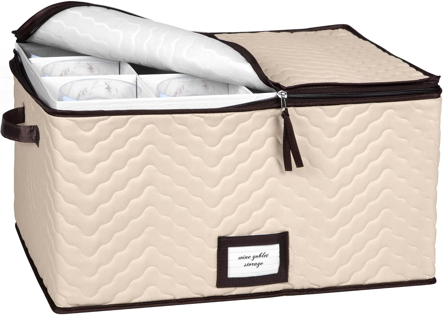 Wine Glass Storage Box with Dividers - Stemware Storage Case, Durable Quilted Microfiber Bin with Carry Handles, Protects Fine China - Durable Quilted Microfiber Bin with Carry Handles (1 Pack, Red Wine Glass)