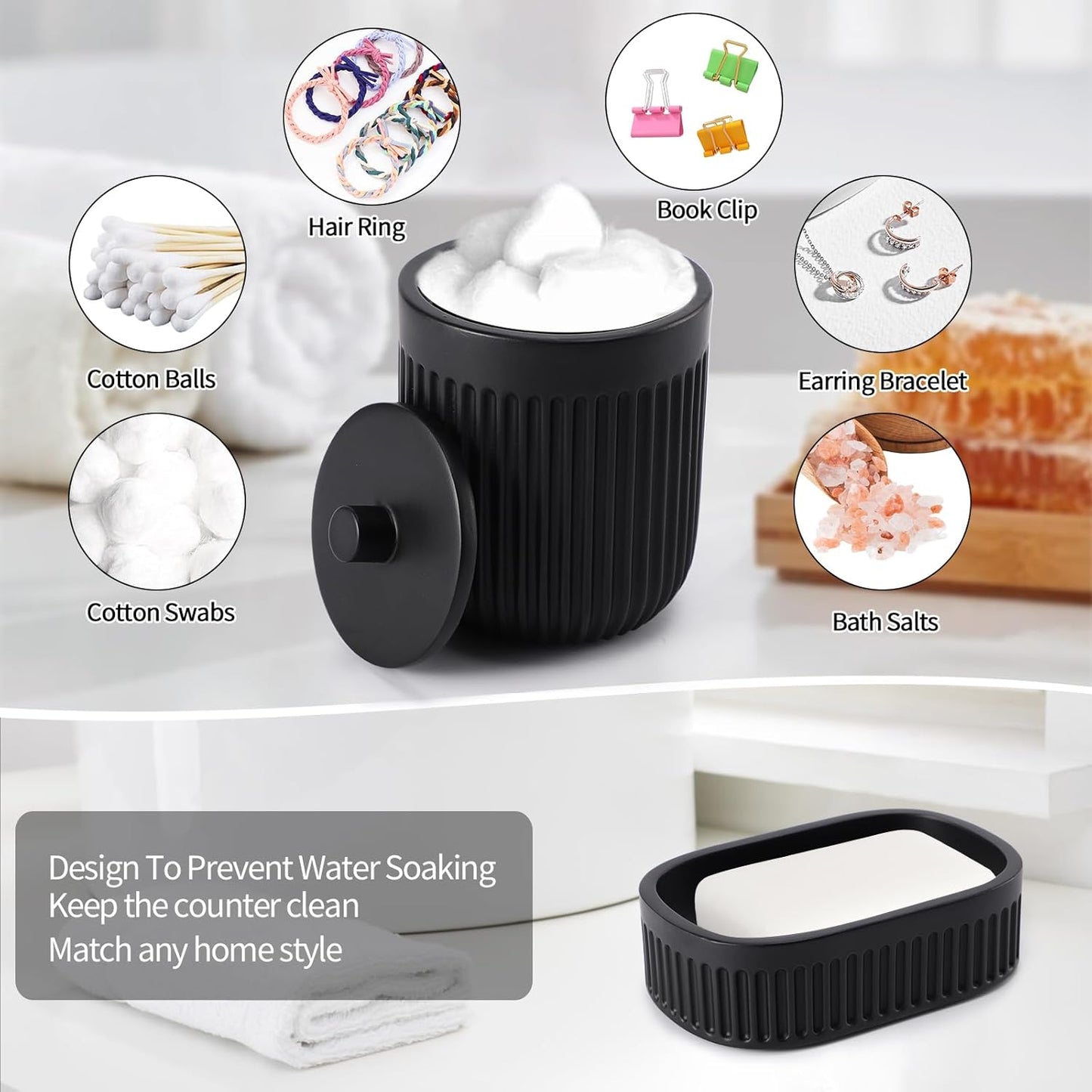 Black Resin Bathroom Accessories Set 5 Pcs, Bathroom Accessory Set Includes Foaming Soap Dispenser, Lotion Soap Dispenser, Toothbrush Holder, Qtip Holder, Soap Dish, for Modern Home Apartment