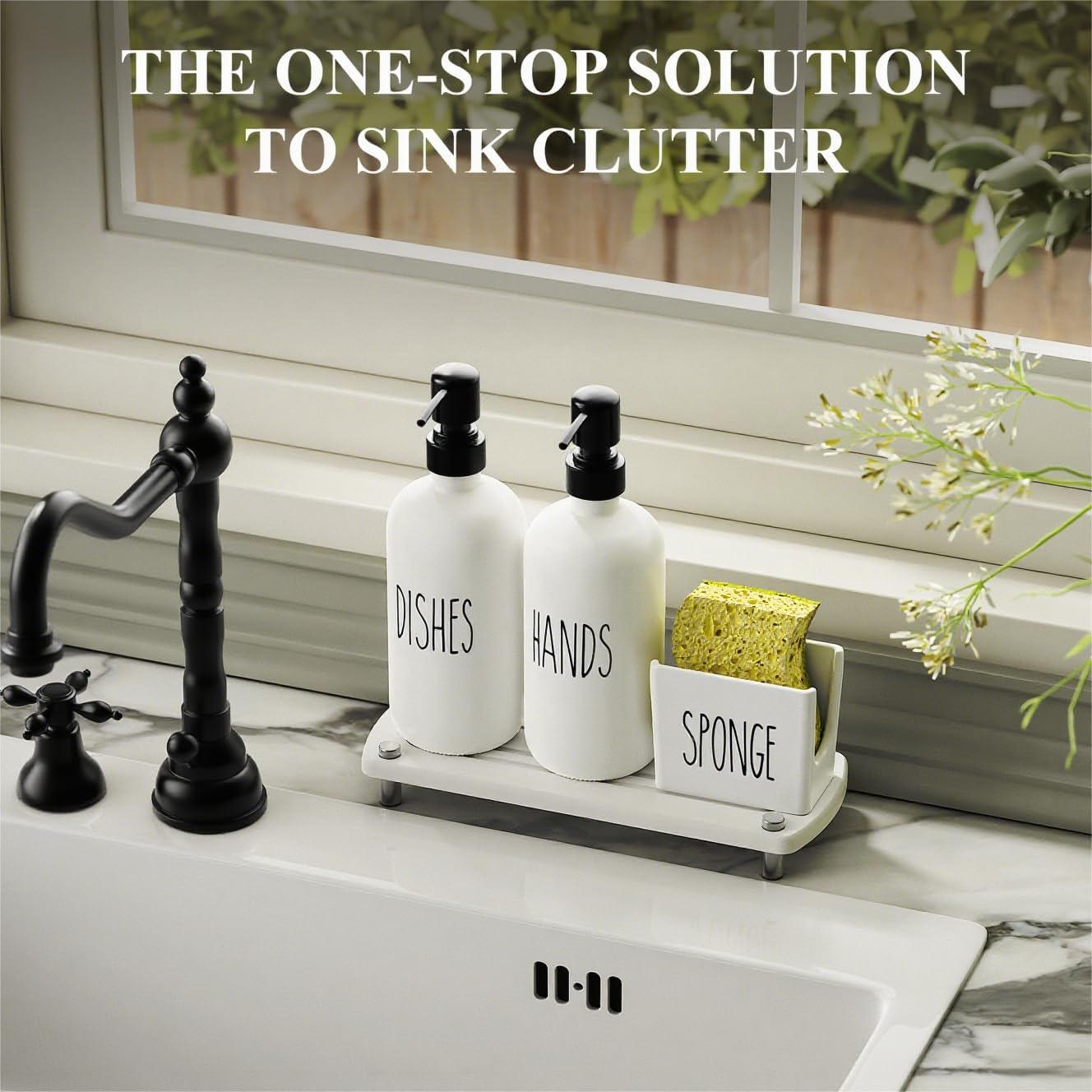 Cisily Kitchen Soap Dispenser Set Comes with Ceramics Sponge Holder, Gold Pumps, and Instant Dry Tray (White&Black, 4 Pack)