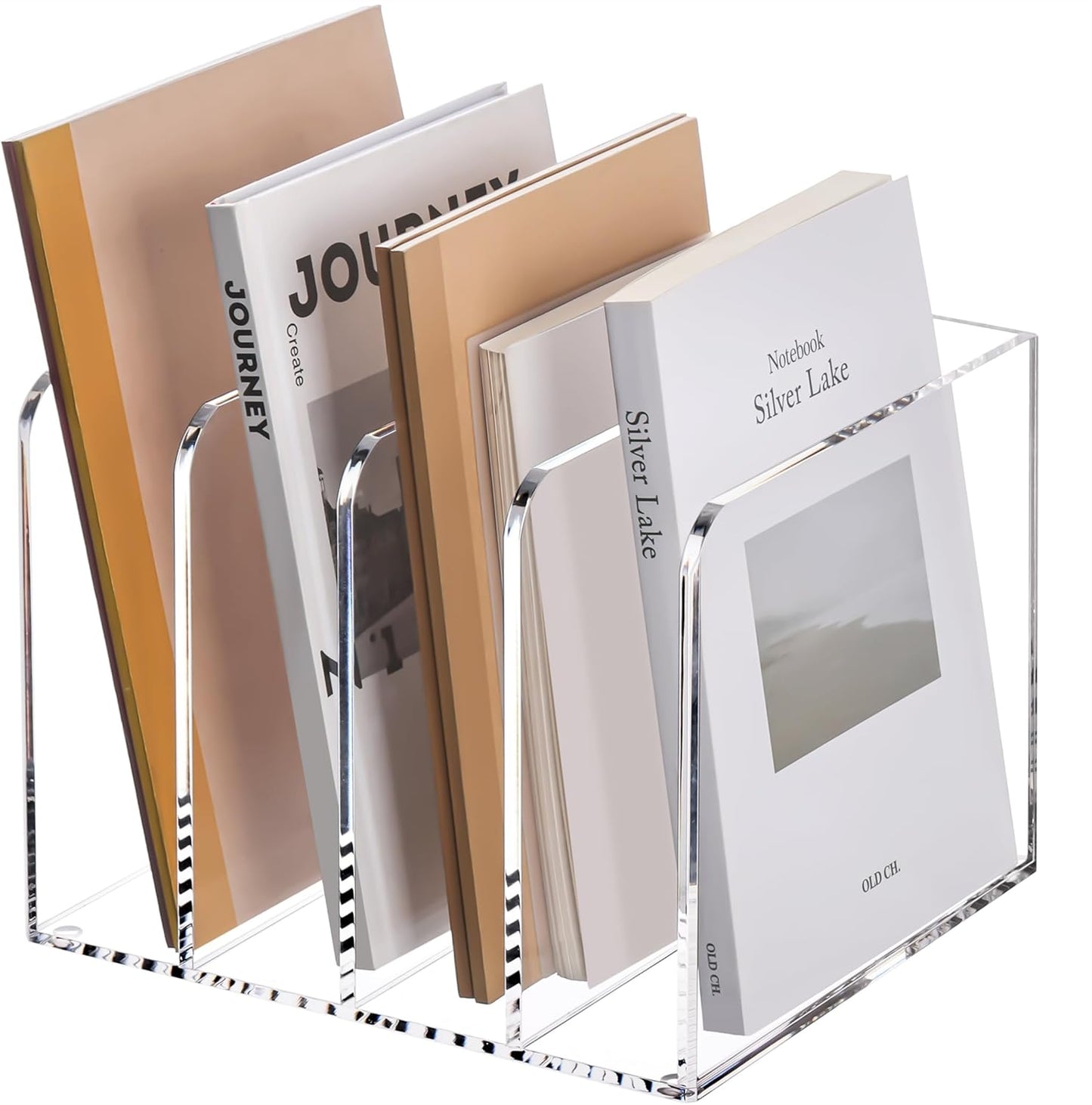 YUXUN Acrylic Magazine Holder,Clear Desk Organizer File Sorter for Notebook,Paper,Envelope,Magazine, Book Storage-Office/Home/Classroom Organization(4 Compartments,B5)