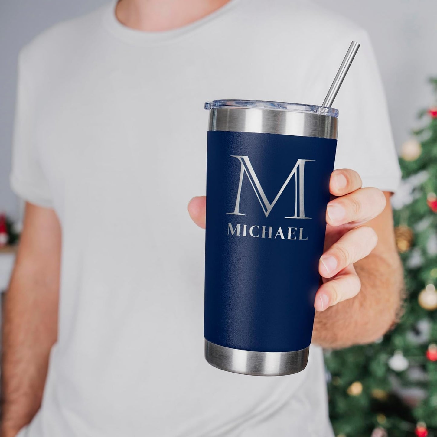 Personalized Tumbler with Engraved Name - 12 Designs, 30 Oz Coffee Tumbler with Slider Lid, Navy Blue, Double Wall Insulated - Custom Gifts for Men & Women