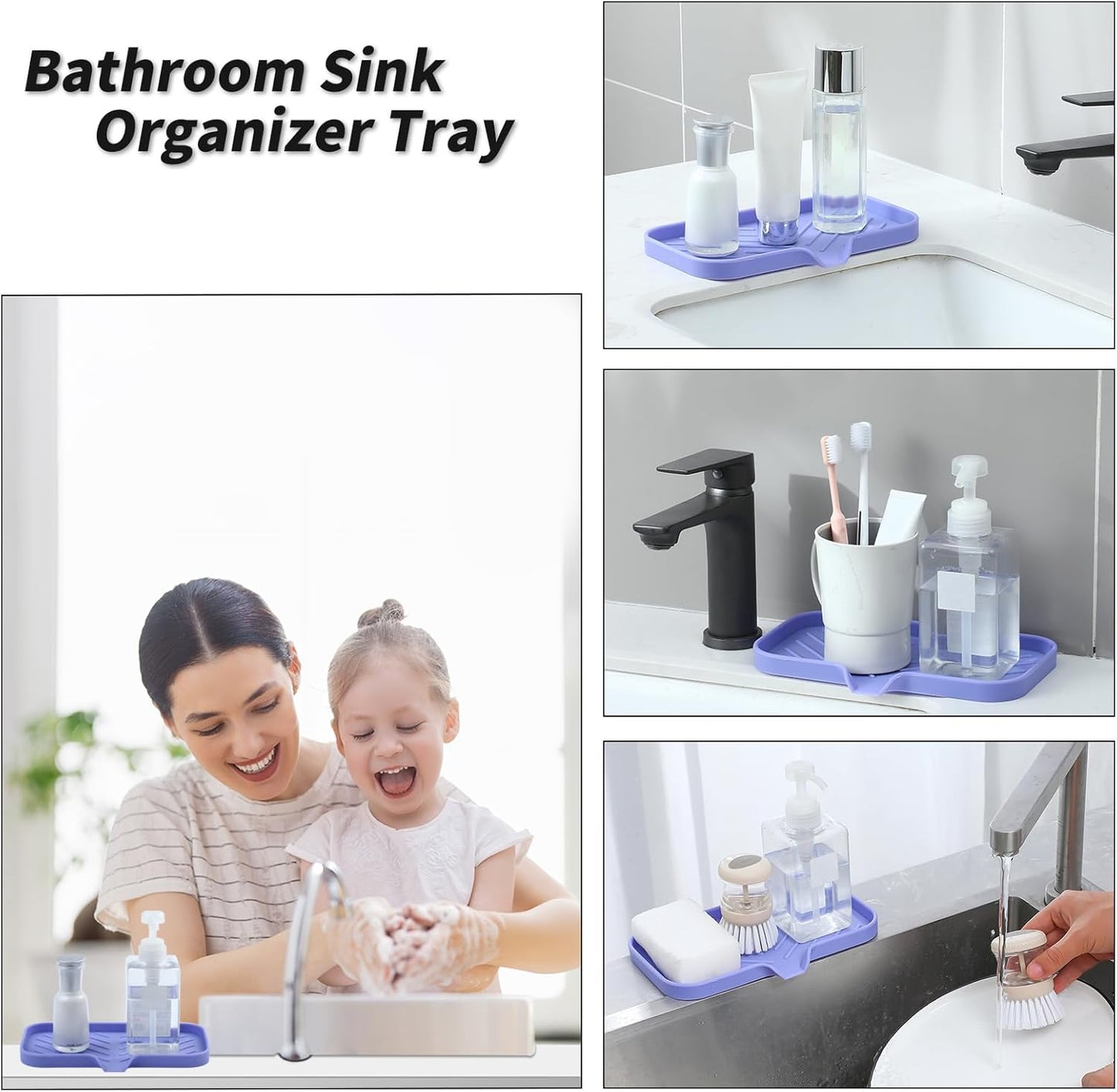Silicone Bathroom Soap Dishes with Drain Spout-Bathroom and Kitchen Sink Organizer,Sponge Holder,Dish Soap Tray,Perfect for Dispenser,Scrubber,Bottle on Sink or Counter-Light Purple 9.6"×5.3"