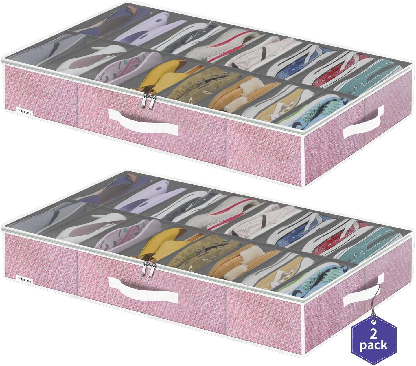 Onlyeasy Large Under Bed Shoe Organizer Container Box, Set of 2, Fit 16 to 32 Pairs of shoes, Underbed Shoes Closet Storage Solution, L37.7x W23.6x H5.9 inch, Cotton-like Pink, MXPUBS16P2