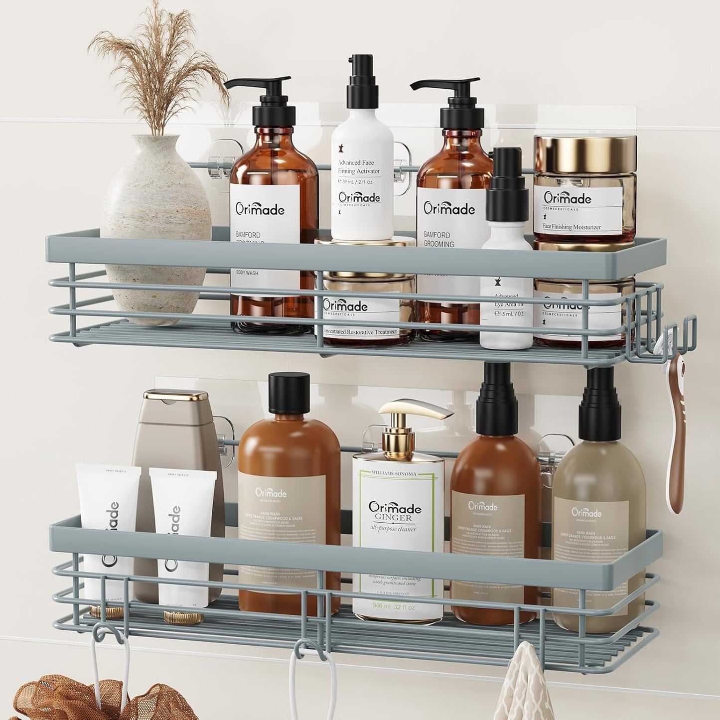 Orimade Shower Caddy with 5 Hooks for Hanging Razor and Sponge Adhesive Shower Shelf Basket Bathroom Storage Organizer Kitchen Rack No Drilling Stainless Steel Rustproof - 2 Pack, Light Blue Grey