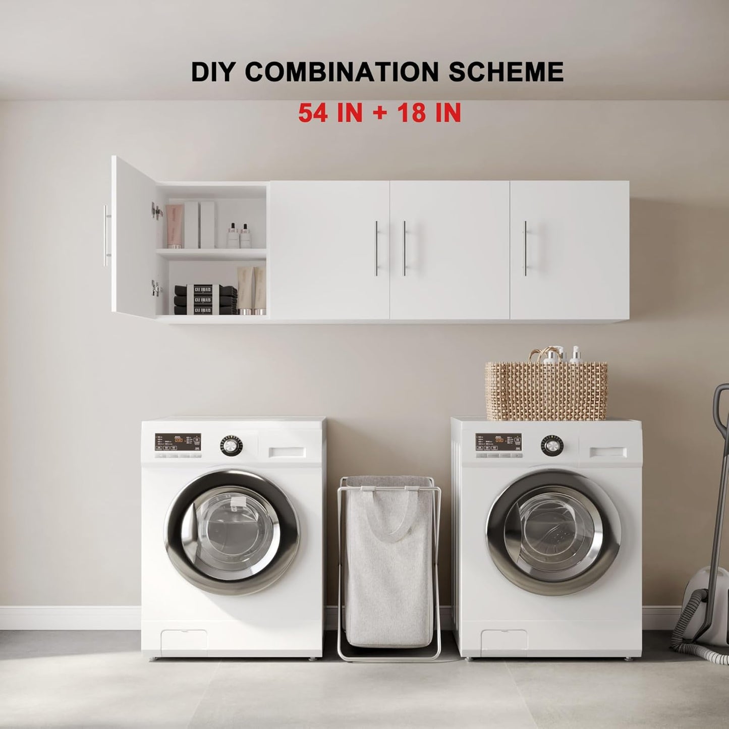 Laundry Wall Cabinet, 54"W x 12"D x 20"H Wooden Wall Mounted Storage Cabinet, 3 Door Cabinet with Soft Close and Metal Handle and Adjustable Shelf, for Kitchen, Garage, Laundry, Bathroom, White