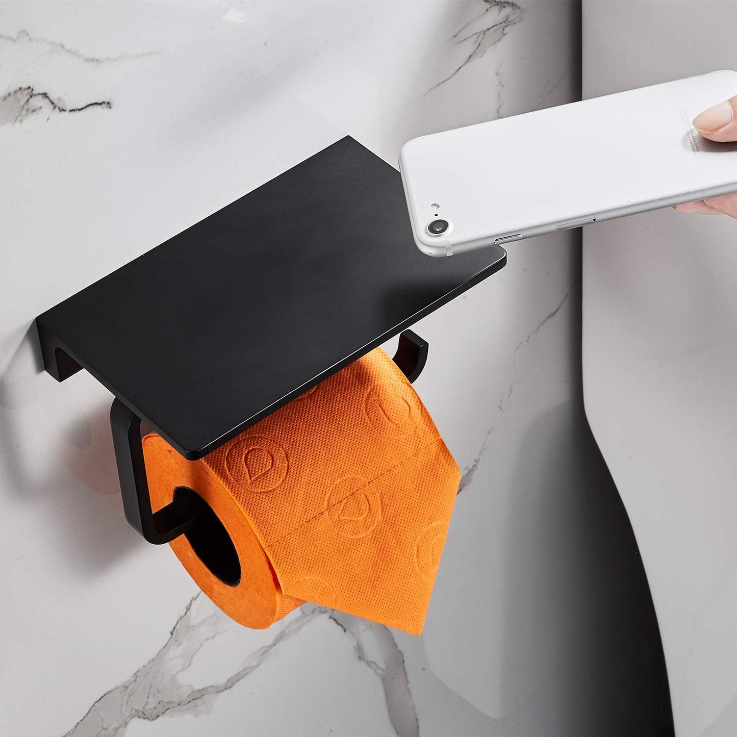 Toilet Paper Holder for Bathroom Solid Brass and Superior Hotel Style Tissue Roll Holder with Cell Phone Storage Matte Black Finish