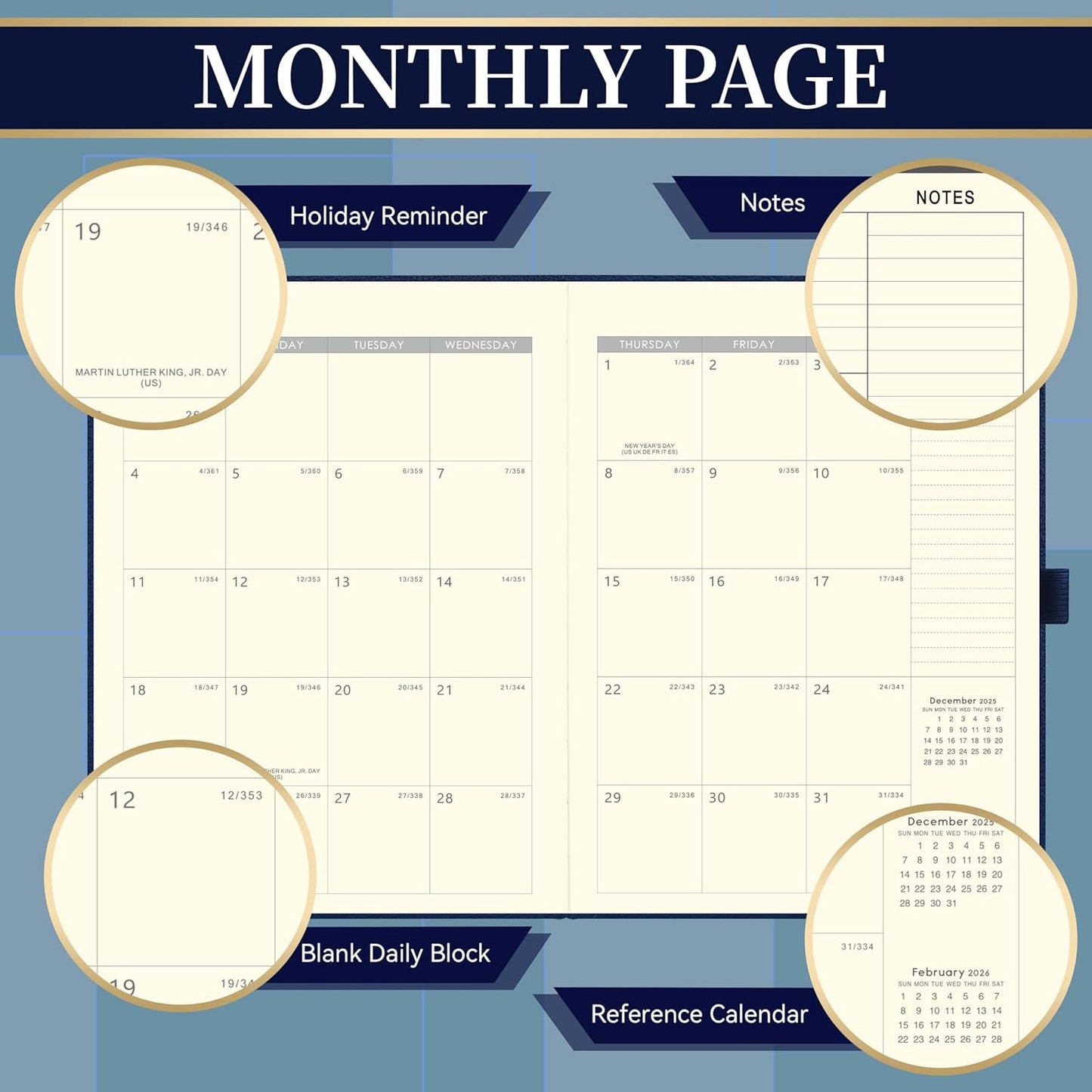 2026 Planner - Planner 2026, Leather Calendar Weekly and Monthly, 9"x11", Jan 2026 - Dec 2026, Leather Hardcover, Pen Loop, Elastic Closure, Pocket - Navy