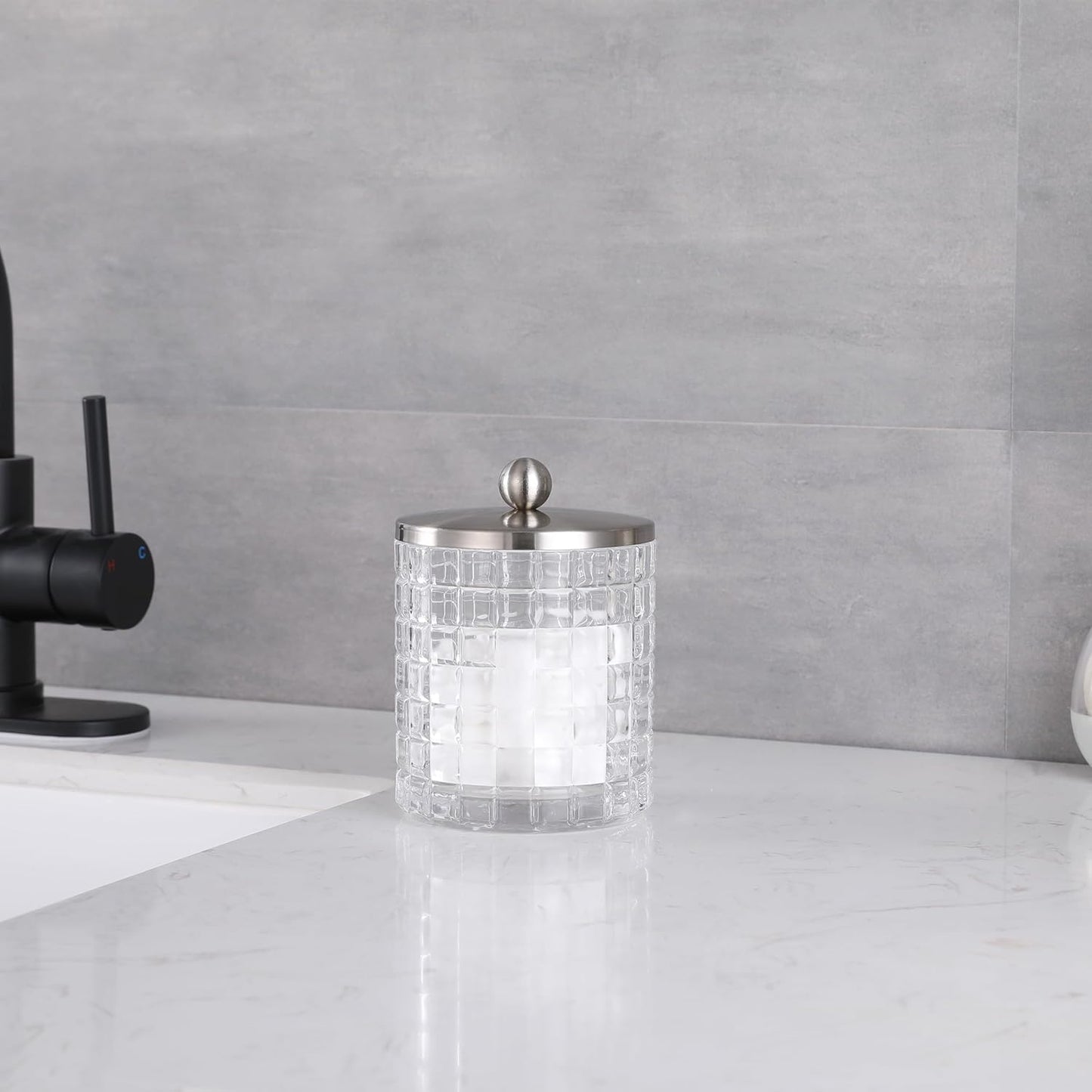 Clear transparent Apothecary Etched Geometric Grid Glass Jar W/Satin Nickel Metal Lid Cover for Bathroom Organization, Cotton Balls, Q Tips, and Small Accessories, Bathroom Storage