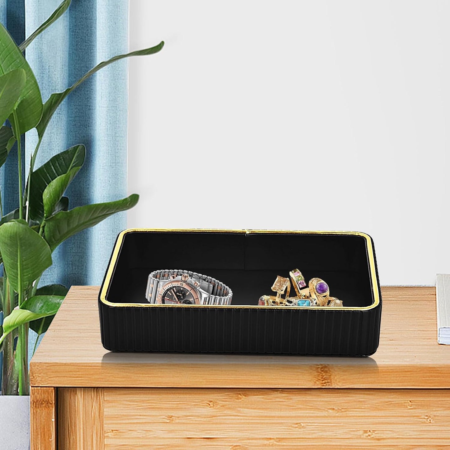 PU Leather Valet Tray,Desk Organizer Tray Nightstand Organizer Trinket Dish Storage Key Bowl Decorative Trays for Phone Wallet Jewelry Watch,Bathroom Bedroom Perfume Vanity Trays,Black