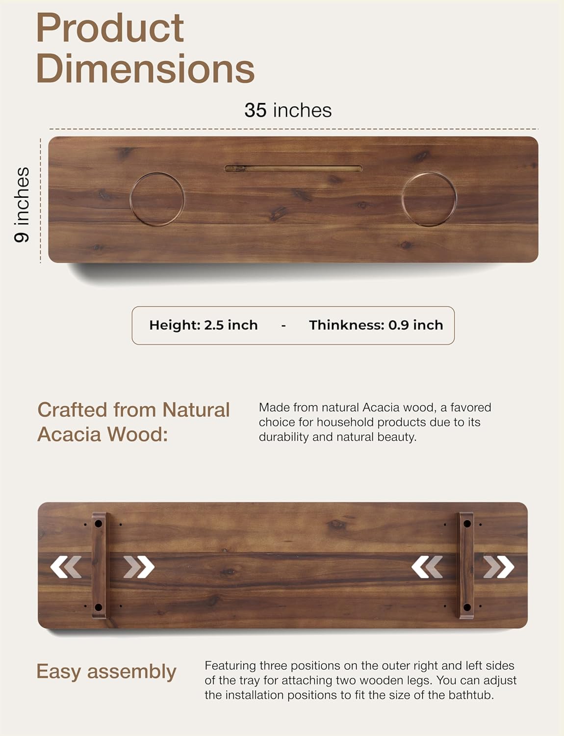Tinamo 35”L Wooden Bathtub Tray, Bathtub Caddy Tray For Tub with Tablet Slot & Wine Holder - Acacia Bath Tray For Tub, Bath Table - Bathtub Tray Table with Adjustable Legs (Walnut color, 35"x 9"x2.5")