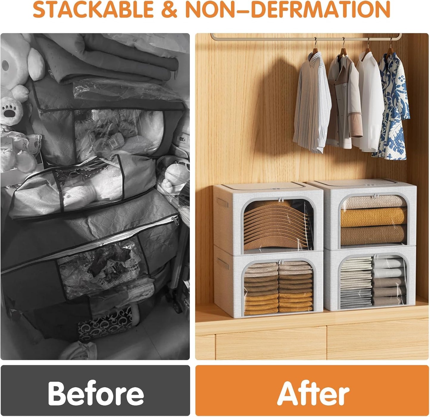 Large Size 66L 3 Pack Openings Clothes Storage Bins with Metal Frame, Stackable & Foldable Linen Storage Box with Lids, Closet Organizers, Blanket, Sweater, Baby Clothes (19.7x 15.75 x 13 Inches)