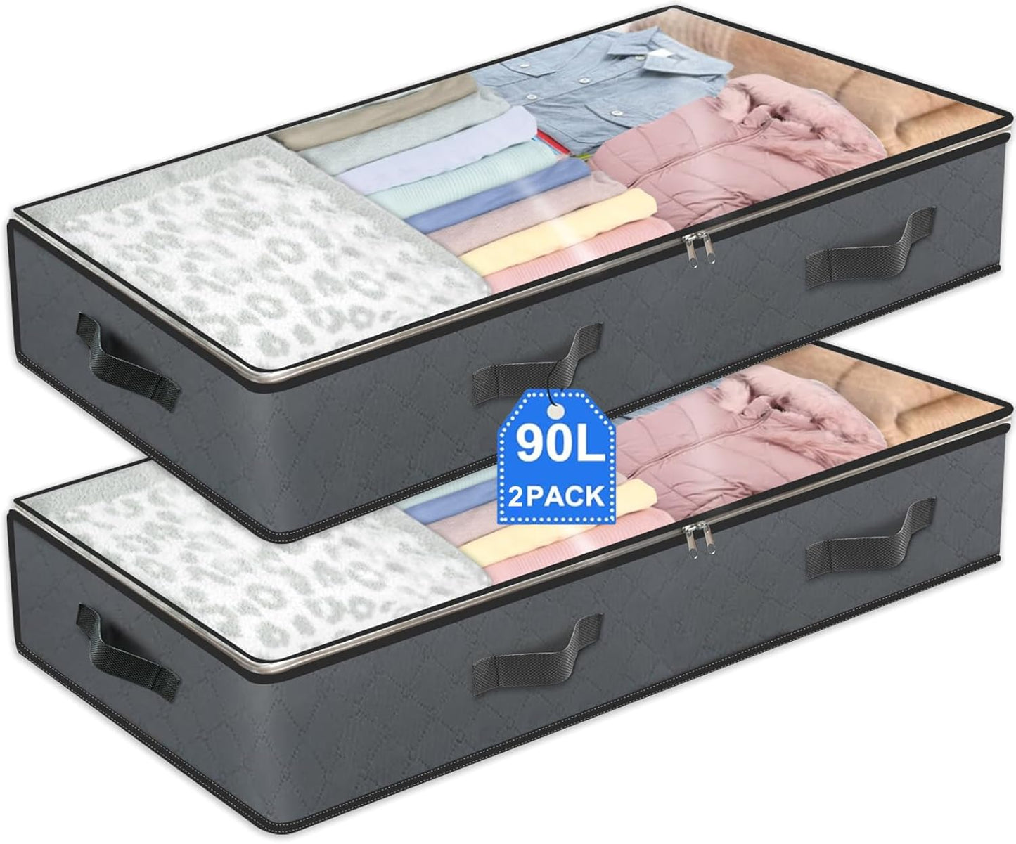 2 Pack Under Bed Storage, 90L Collapsible Closet Containers Organizers and Under Bed Storage Bins, Underbed Storage Bags for Wrapping Paper, Blanket, Towels, Clothes, Comforter, Sweaters, Linen Sheets