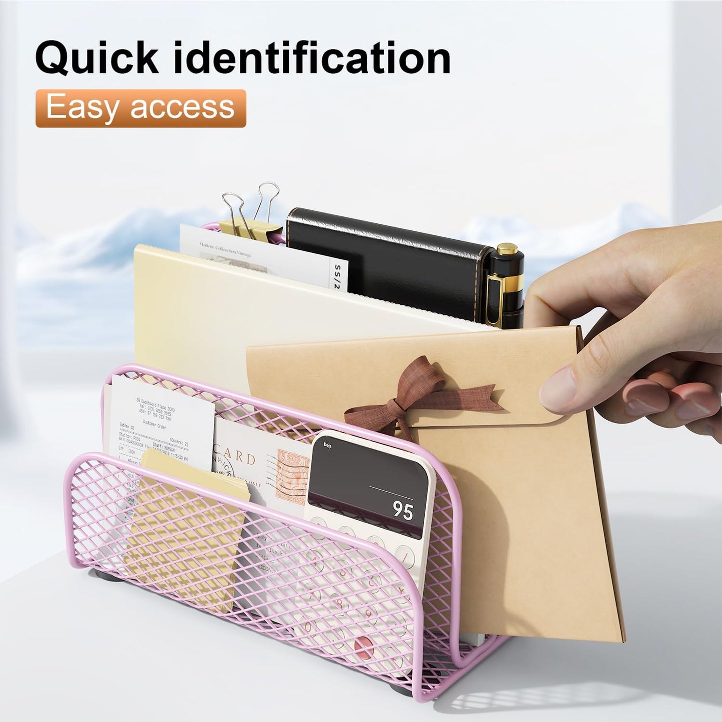 gianotter Mail Organizer Countertop, Metal File Holder with 3-Slot, Pink Desk Accessories for Women Office (Pink)