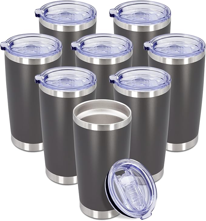 20 oz Tumbler Coffee Travel Tumblers Bulk with Lid Stainless Steel Double Wall Vacuum Insulated Mug Powder Coated Cups fit Car Cupholder for Hot and Cold - Grey, 8Pack