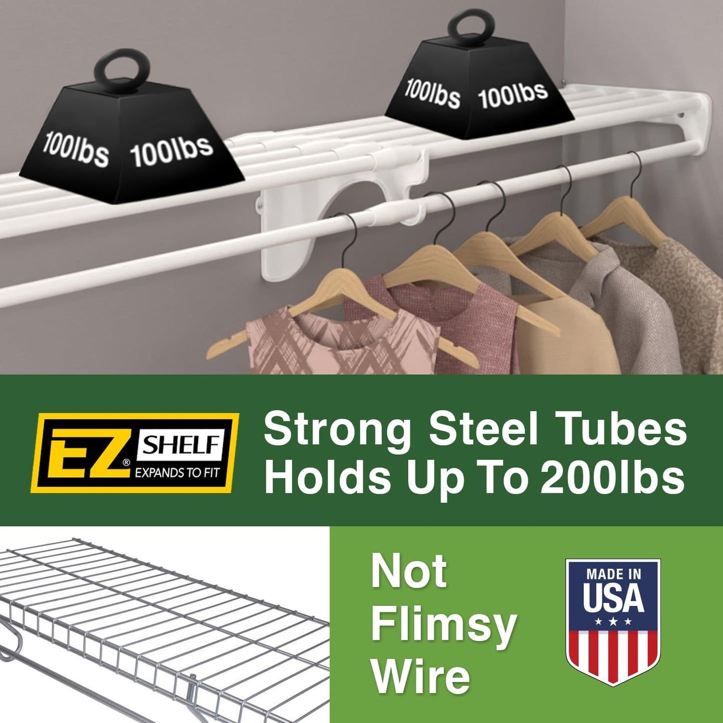 EZ Shelf - Hanging Shelf - Closet Rod - Expands 17.5-27” - White, Closet Shelves - Strong, Holds 200 lbs - DIY, Easy Install - to 2 Side Walls - Alternative to Wire Shelving