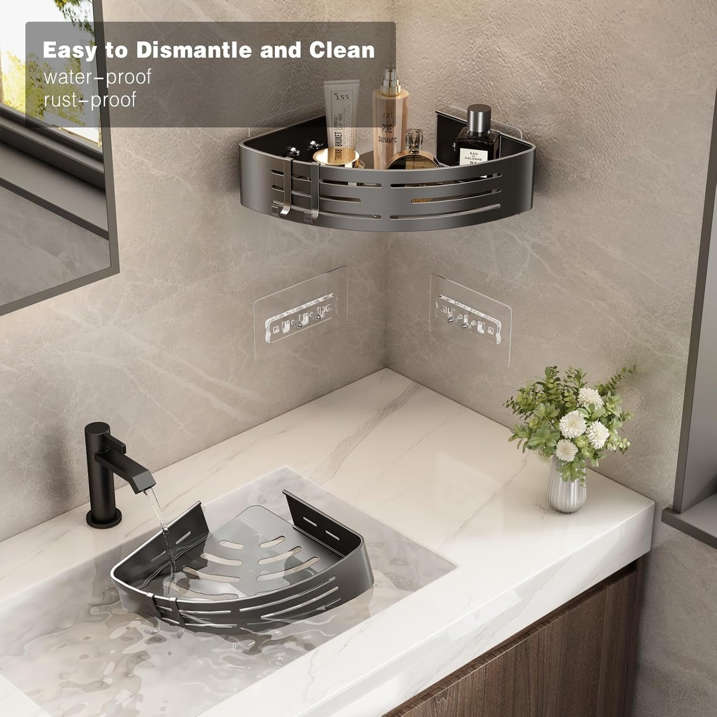 Voldra 2 Pack Corner Shower Shelves, Aluminum Stick On Showers Organizer, Modern Style, Triangular Corner Shelf, No Drilling Required