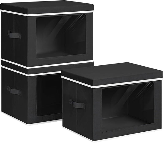 Storage Bins with Lids, 3 Pack Large Storage Cubes with Window, Closet Bins with Lids & Handles, Fabric Box for Organizing Clothes, Towels, Books, Black