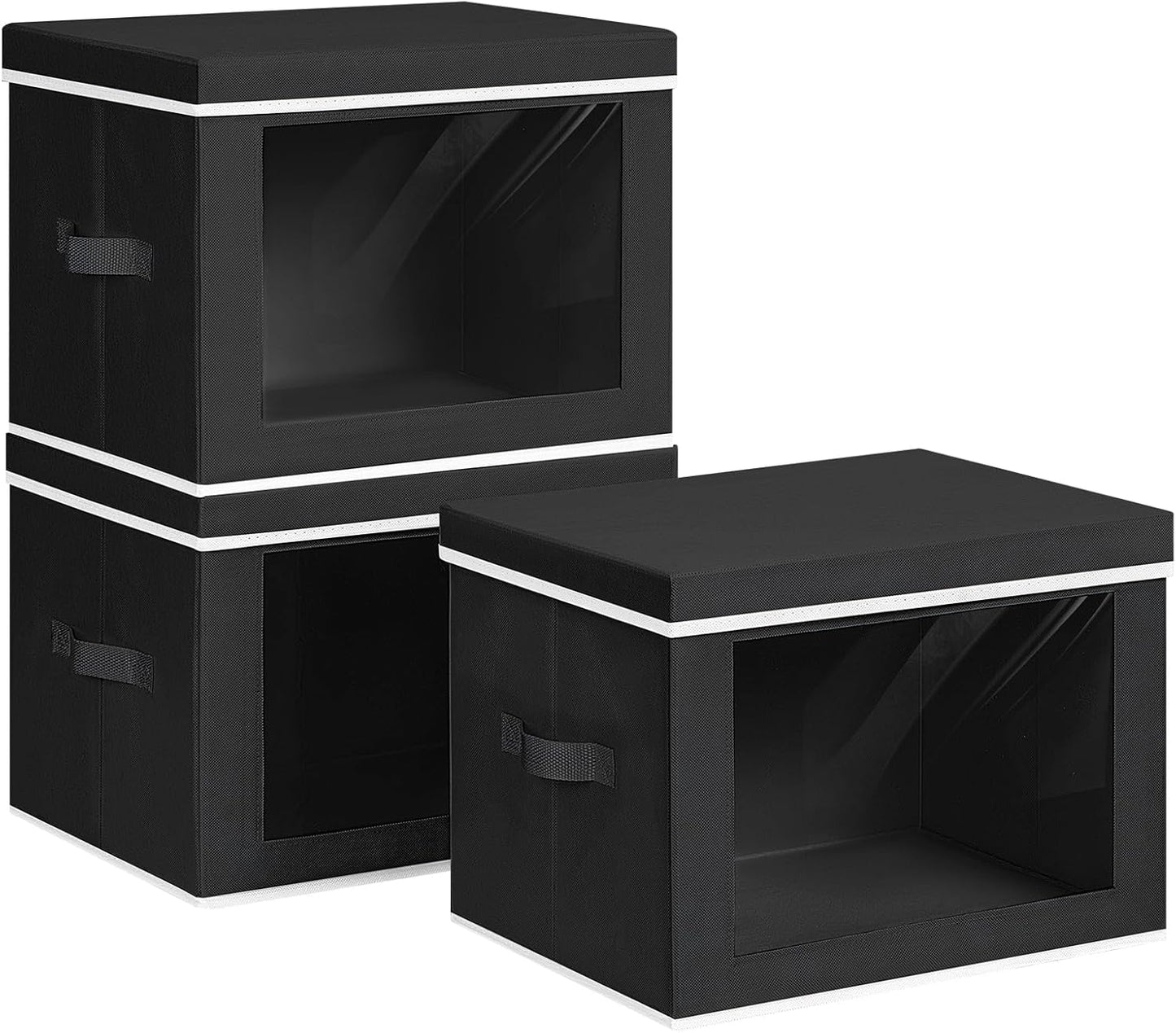 Collapsible Storage Bins with Lids - Stackable Storage Containers with Window, 3 Pack Fabric Bins for Closet, Home & Office Organization Baskets, Black, 14.9" x 9.8" x 9.8"
