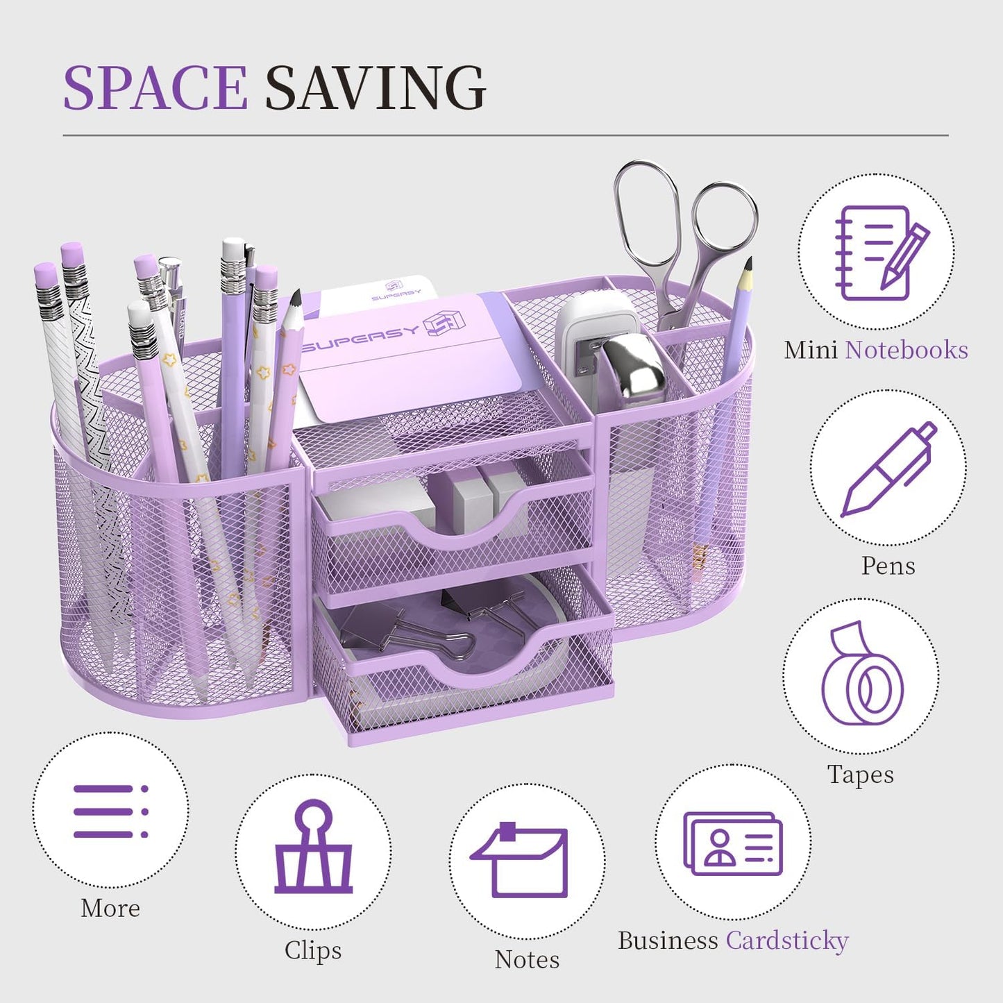 SUPEASY Mesh Desk Organizer, Desk Organizers and Accessories with Drawers, Pen Holder for Desk with 2 Drawers with 9 Compartments for Office Supplies, Purple