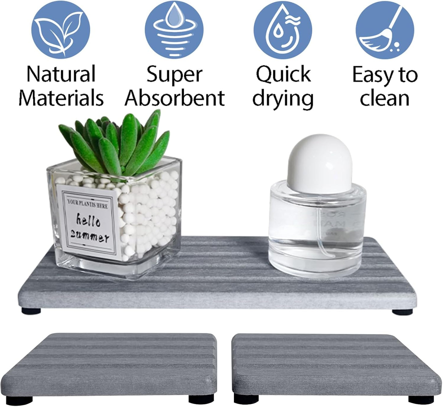 Set of 3 Diatomite Hand Soap Holder, Water Absorbing Stone Tray for Kitchen Countertop, Fast-Drying Bathroom Trays(1pcs 22 x 10cm + 2pcs 10 x 10cm Grey)