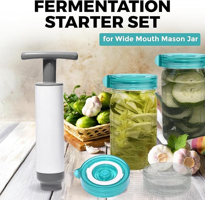 Fermentation Starter Set, Includes 3 Airlock Fermentation Lids and 3 Glass Weights, Sauerkraut Fermenting Kit for Wide Mouth Mason Jar, Pickles, Vegetables, & Kimchi Making Kit