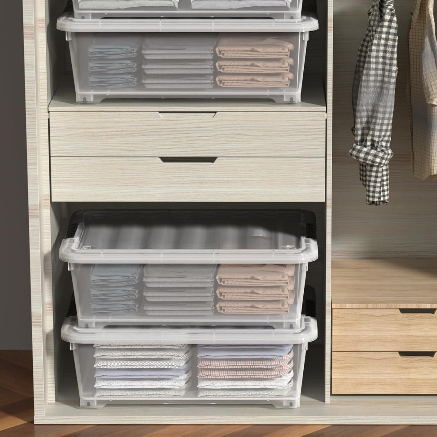 4 Packs 20 Quarts Under Bed Plastic Storage Bins with Lids, Clear Underbed Storage Containers with Wheels