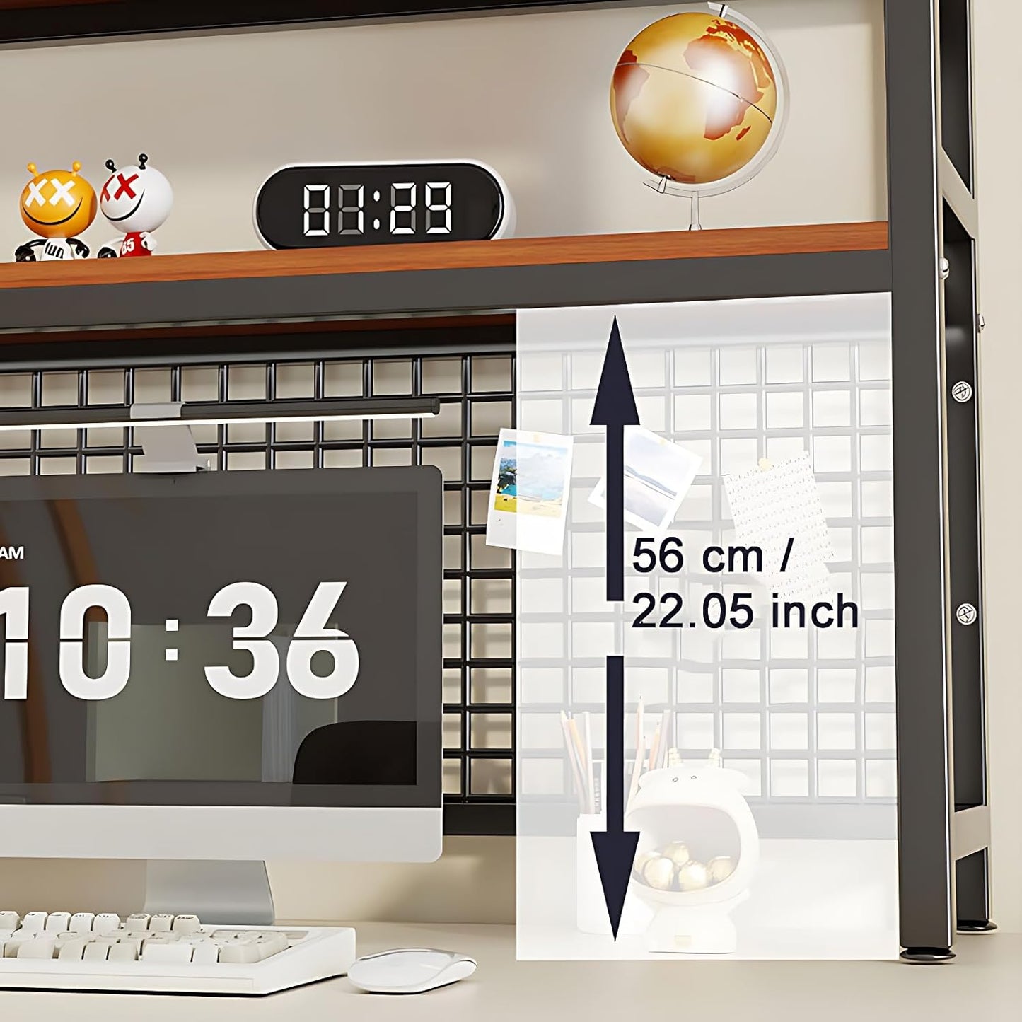 Desk Shelf Organizer with Metal Grid, 2-Tier Desktop Bookshelf, Rustic Wood & Metal Desk Hutch for Home Office and Dorm (Black, 45.3" L × 7.9" W × 38.6" H)