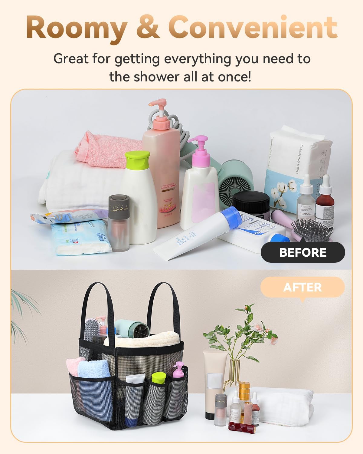 Temede Mesh Shower Caddy Tote, Large Shower Caddy Basket Portable, Quick Dry Hanging Toiletry Bag, 8 Storage Pocket Handle Bath Organizer for College Dorm, Gym, Camp, Travel