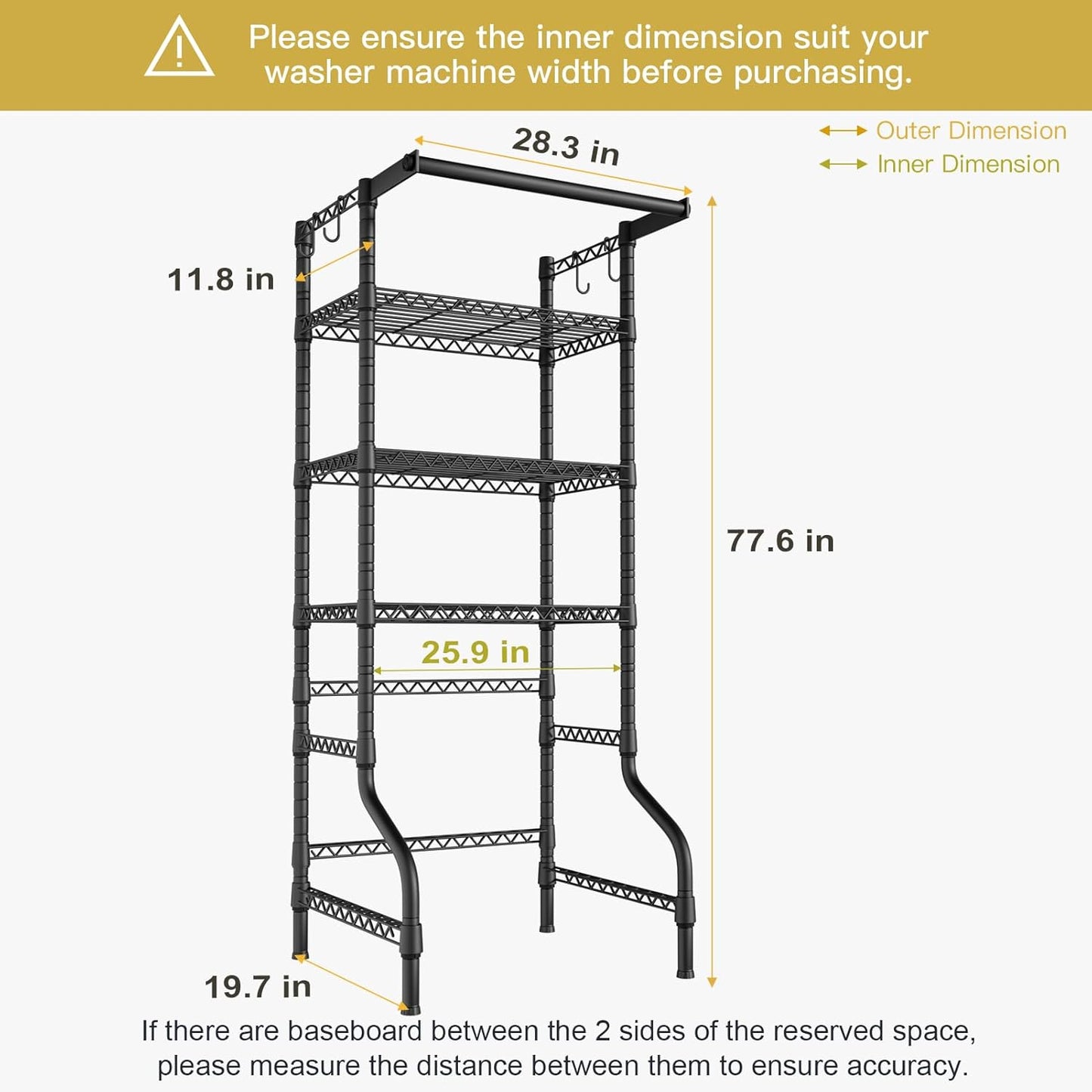 Ulif U11 Mini Over Washer and Dryer Shelves, 3 Tiers Laundry Room Storage and Organizer Standing Shelf, Metal Freestanding Clothes Drying Rack, 28.3”W x 19.7”D x 77.6”H, Black