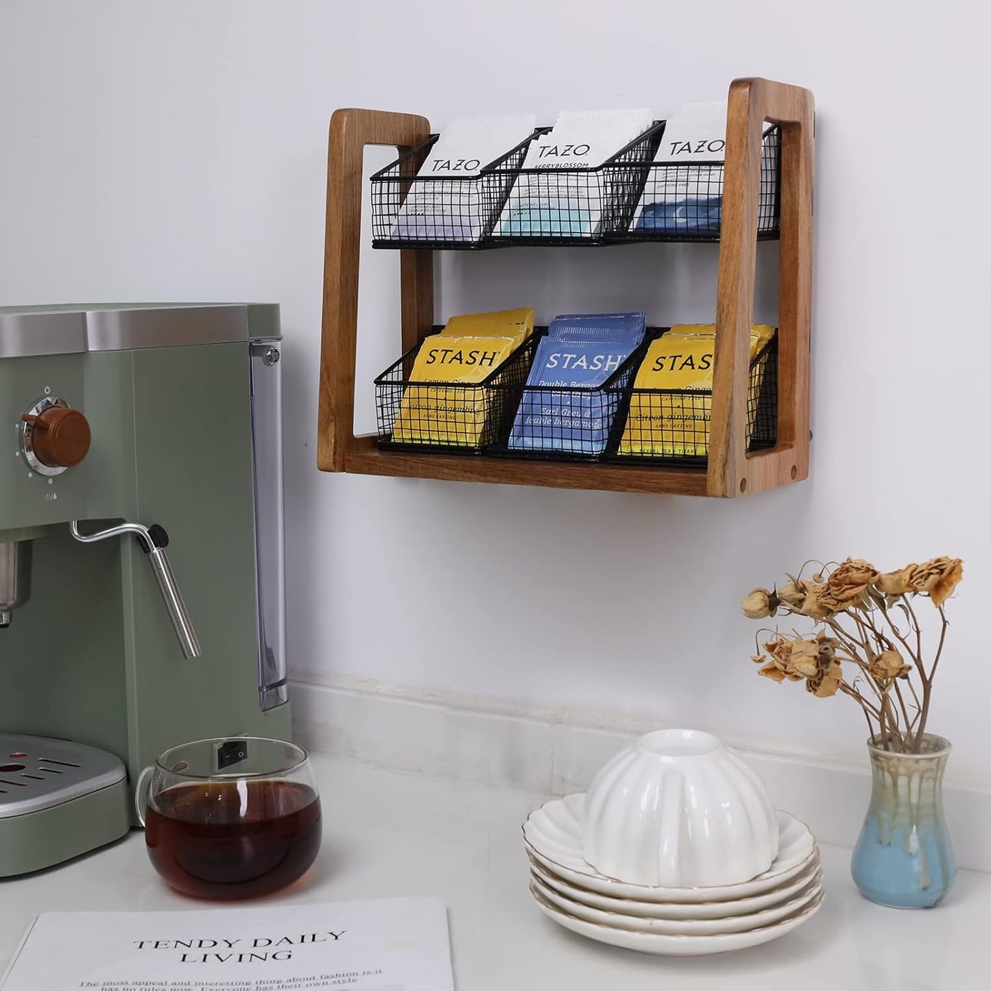 HTB 2 Tier Tea Organizer for Tea Bags, Tea Bag Holder with Acacia Wood Stand and 6 Removable Metal Basket for Sugar Packets, Sweeteners, Creamers for Cabinet, Countertop or Wall-mounted